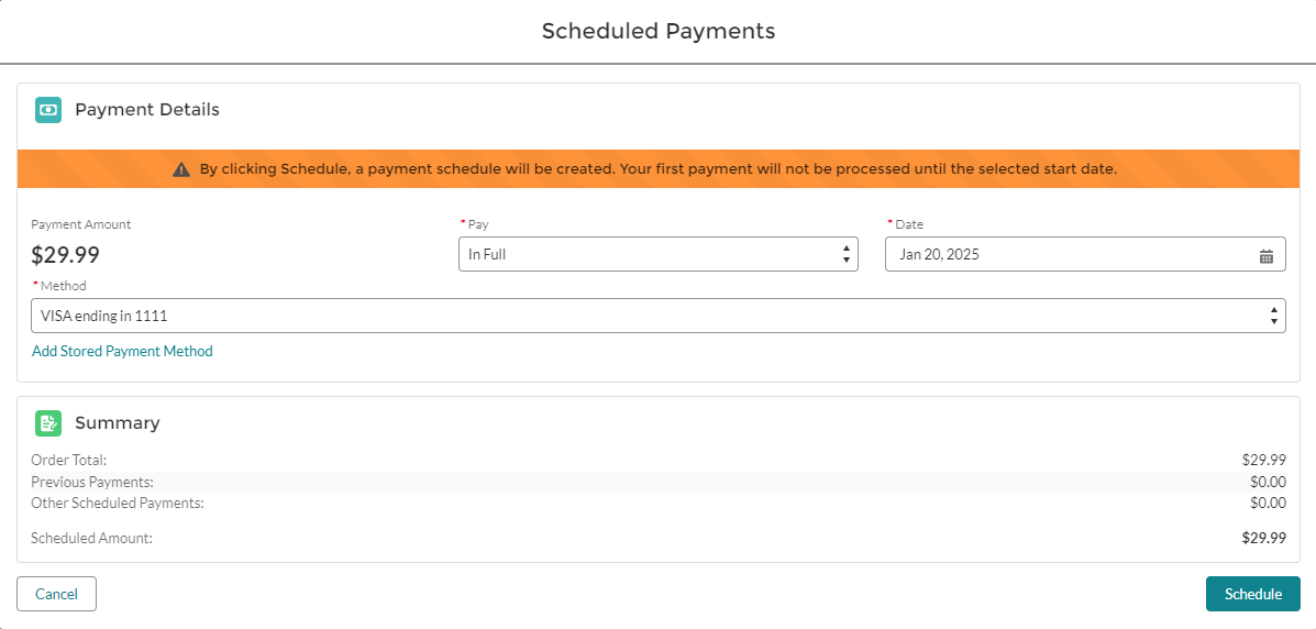 The Screen shot shows the Scheduled Payment Modal when you select One-Time pay and start date is Future Date..png